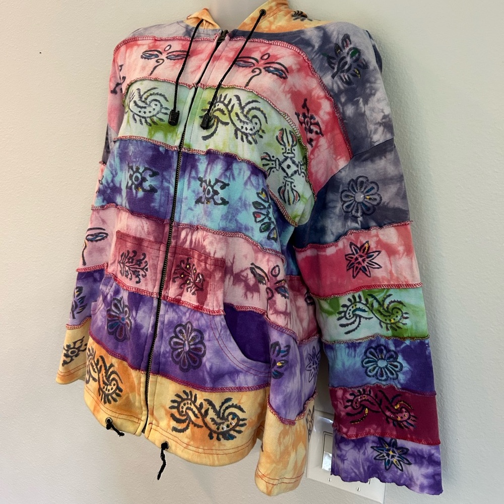Colorful Tie-Dye zip up hoodie with Artistic Patterns L